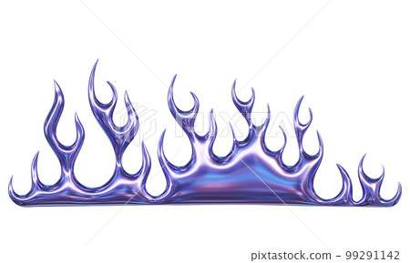 3d chrome metal of y2k fire icon. Flame shape in liquid mercury. 3d rendering illustration of abstract metallic melted modern burn form, design element isolated on white background 99291142