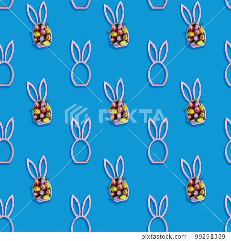 Creative seamless pattern with easter bunny figurine on blue background, easter minimal concept 99291389