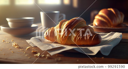 Morning luxury - tempting croissants in golden rays. 3D rendering Morning luxury - tempting croissants in golden rays. 3D rendering 99291590
