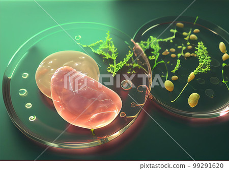 Cultivated steak, meat from the plant stem cell, New food innovation, no killing. Laboratory grown meat AI generated background 99291620