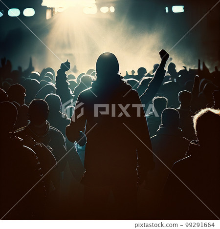 An illustration of a backlit silhouette of protesters gathered in a square, demonstrating and raising their voices in unity 99291664