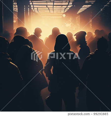 An illustration of a backlit silhouette of protesters gathered in a square, demonstrating and raising their voices in unity 99291665