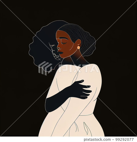 Female person is hugging herself. Love yourself concept. Embrace Equity is campaign theme of International Women's Day 2023 99292077