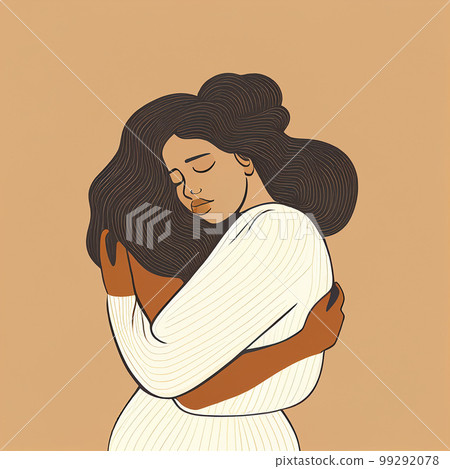 Female person is hugging herself. Love yourself concept. Embrace Equity is campaign theme of International Women's Day 2023 99292078