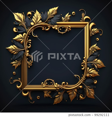 Golden ornamental frame on black bakcground. Retro golden frame with vintage ornament. Generative AI. 99292111