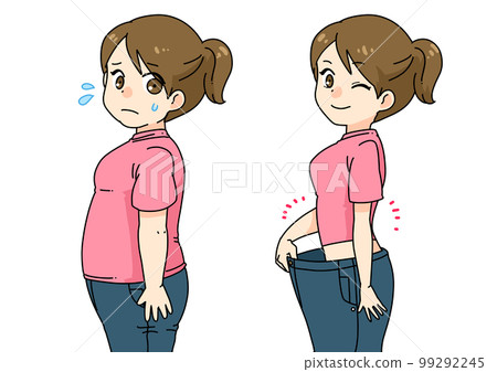 一位前胖女人的卡通插圖，由於她成功的節食，她的褲子出現了縫隙 99292245