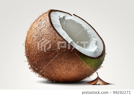 broken coconut on a white background. half a palm nut. ai generated 99292271