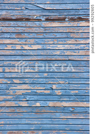 Old barnwood straight on vertical texture with peeling blue paint 99292605