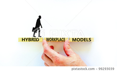 Hybrid workplace models symbol. Concept words Hybrid workplace models on wooden blocks. Businessman hand. Beautiful white background. Business hybrid workplace models quote concept. Copy space Hybrid workplace models symbol. Concept words Hybrid workplace models on wooden blocks. Businessman hand. Beautiful white background. Business hybrid workplace models quote concept. Copy space 99293039