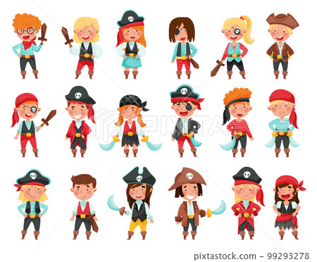 Cheerful Boys and Girls in Pirate Costumes with Sword or Saber Vector Set 99293278