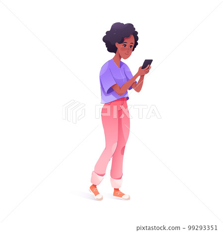 Young African American Woman Using Smartphone as Mobile Device Vector Illustration 99293351
