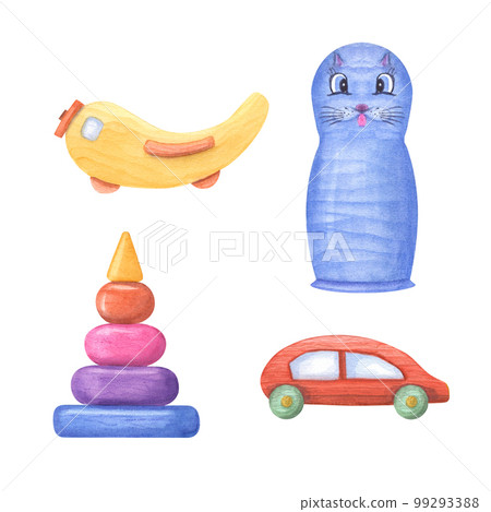 Watercolor illustration of a set of kid wooden toys isolated on white background. Nursery, Kids Room Decor. Eco-friendly materials Child Toys. Print, poster, background, decor, wallpaper, wrapping. Watercolor illustration of a set of kid wooden toys isolated on white background. Nursery, Kids Room Decor. Eco-friendly materials Child Toys. Print, poster, background, decor, wallpaper, wrapping. 99293388