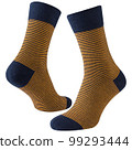 A pair of dark blue bulky socks with yellow stripes, on a white background 99293444