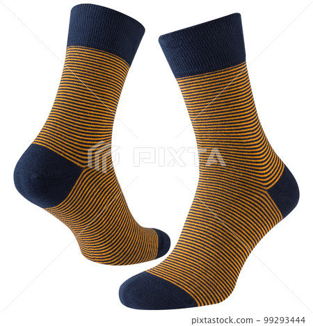 A pair of dark blue bulky socks with yellow stripes, on a white background 99293444