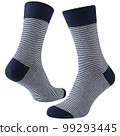 A pair of blue voluminous socks with white stripes, on a white background 99293445