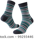 A pair of voluminous gray socks with green and white stripes of different thicknesses, on a white background 99293446