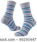 A pair of voluminous light gray socks with blue, brown and white stripes of different thicknesses, isolate 99293447