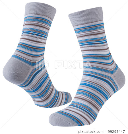 A pair of voluminous light gray socks with blue, brown and white stripes of different thicknesses, isolate 99293447