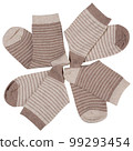 Two pairs of socks, half folded and lying in a circle, in the shape of a camomile, on a white background 99293454