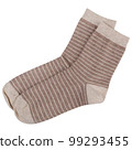 A pair of brown socks with beige stripes lie one on top of the other, on a white background 99293455