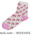 A pair of light beige socks with a pattern of many pink flamingos, on a white background 99293456