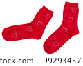 A pair of red socks with a pattern of many hearts, as if walking, on a white background 99293457