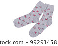 A pair of gray socks with a pattern of many postal envelopes, on a white background 99293458