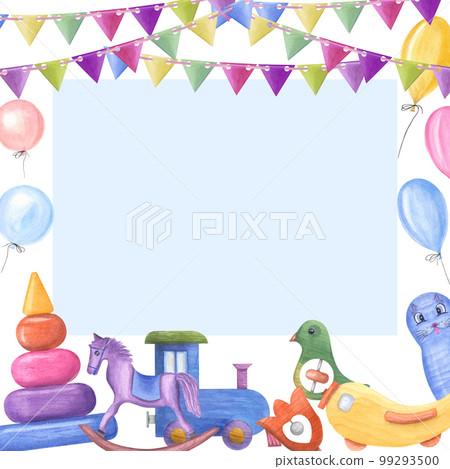 Watercolor illustration with kid wooden toys with ballons, flags isolated on white background. Nursery, Kids Room Decor. Eco-friendly materials Child Toys. Print, poster, background, postcard Watercolor illustration with kid wooden toys with ballons, flags isolated on white background. Nursery, Kids Room Decor. Eco-friendly materials Child Toys. Print, poster, background, postcard 99293500