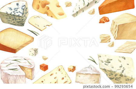 Watercolor different cheese frame template. Hand draw circle card background with food objects on isolated white. Drink for food menu, cafe, wine list, label, banner, flyer, brochure 99293654