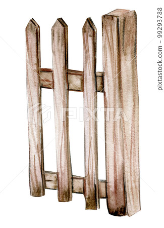Watercolor hand drawn wooden fence .  Cute hand painted  illustration for greeting cards, prints, souvenirs,post cards. Illustartion isolated on white background. 99293788