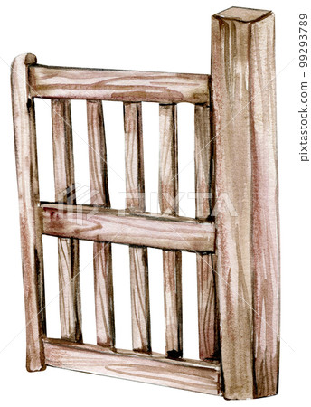 Watercolor hand drawn wooden fence .  Cute hand painted  illustration for greeting cards, prints, souvenirs,post cards. Illustartion isolated on white background. 99293789