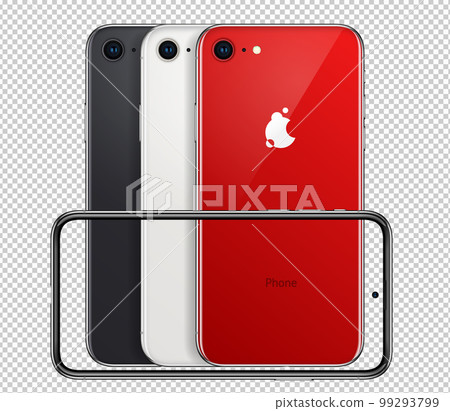 Set of three colored smart phones with cameras and highlight. Vector Modern realistic 3d smartphones horizontal mockup Set of three colored smart phones with cameras and highlight. Vector Modern realistic 3d smartphones horizontal mockup 99293799