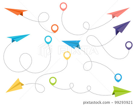 Paper airplane with dotted trace and map pointer pin 99293921