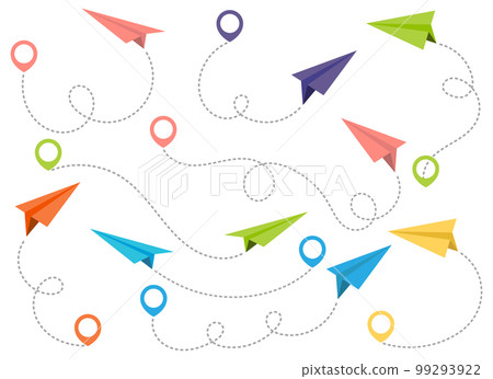 Paper airplane with dotted trace and map pointer pin Paper airplane with dotted trace and map pointer pin 99293922