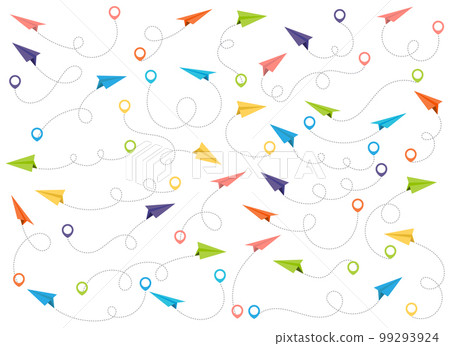 Paper airplane with dotted trace and map pointer pin Paper airplane with dotted trace and map pointer pin 99293924