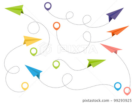 Paper airplane with dotted trace and map pointer pin Paper airplane with dotted trace and map pointer pin 99293925