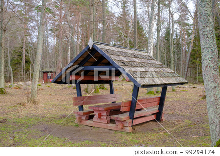 Wooden gazebo, resting place in the park. Equipped with wooden tables and benches 99294174