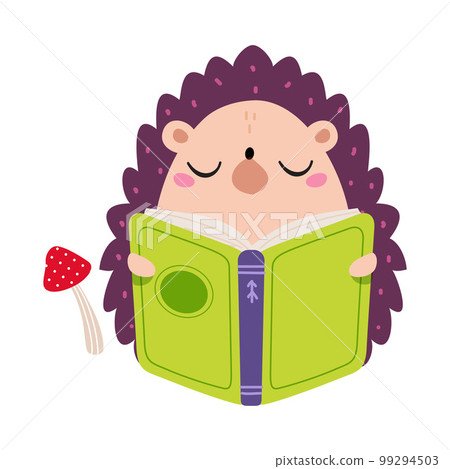 Cute baby hedgehog reading book. Smart wild animal character sitting with book cartoon vector illustration Cute baby hedgehog reading book. Smart wild animal character sitting with book cartoon vector illustration 99294503