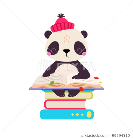 Cute baby panda reading book. Funny smart wild animal character in red knitted cap sitting with book cartoon vector illustration 99294510