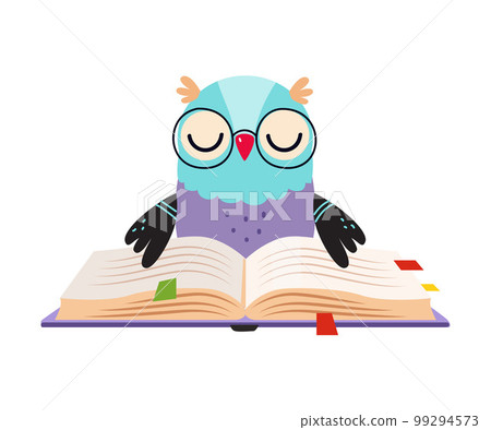 Cute owlet in glasses reading book. Funny smart bird character. Kids education concept cartoon vector illustration Cute owlet in glasses reading book. Funny smart bird character. Kids education concept cartoon vector illustration 99294573