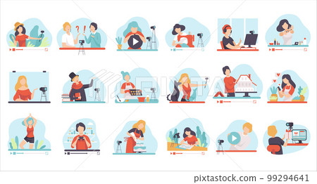 Set of bloggers and vloggers people making internet content and creating video for blog or vlog cartoon vector Illustration Set of bloggers and vloggers people making internet content and creating video for blog or vlog cartoon vector Illustration 99294641