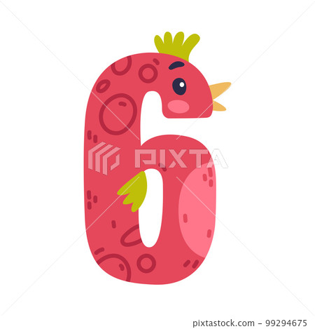 6 bird number. Six numeral with eyes, beak and wings cute cartoon vector illustration 99294675