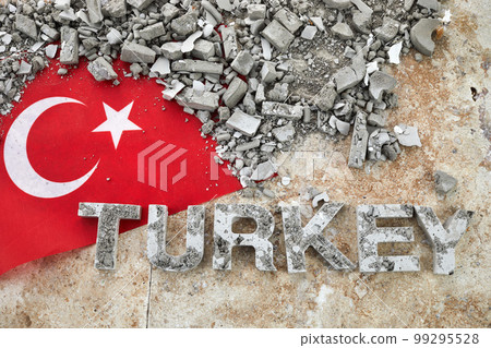 Turkey Earthquake, A background of the Turkish flag and brick debris Turkey Earthquake, A background of the Turkish flag and brick debris 99295528