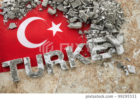 Turkey Earthquake, A background of the Turkish flag and brick debris 99295531