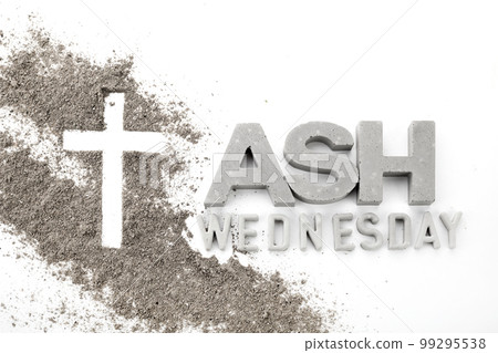 Ash wednesday, crucifix made of ash, dust as christian religion. Lent beginning 99295538