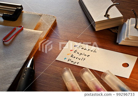 A desk with a deck that says Search Engine Result Page 99296733