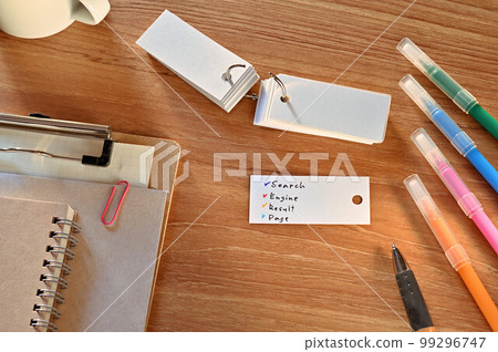 A desk with a deck that says Search Engine Result Page 99296747