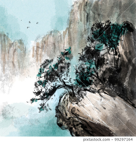 Oriental painting mountain ink painting landscape watercolor traditional Japanese Korean Chinese classical background legend scenery calligraphy 99297164