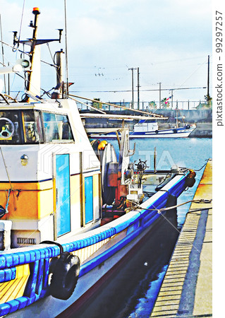 Moored fishing boats bathed in the sun [Vertical composition] 99297257