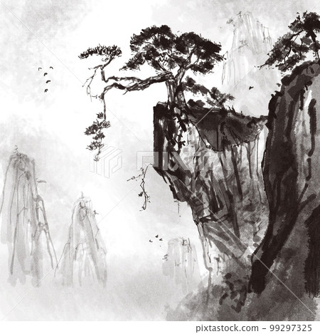 瀑布，梅花，松樹，東方畫，山，水墨畫，山水畫，水彩，傳統，日本，韓國，中國，古典，背景，傳說，風景 99297325